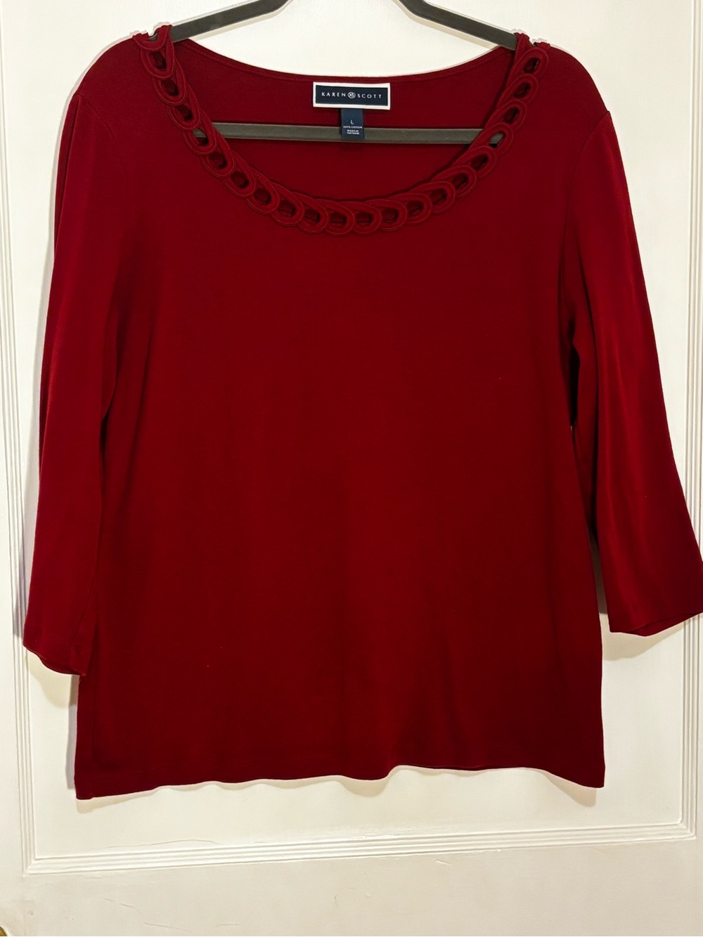 Karen Scott Deep Red Scoop Neck Long Sleeve Top with Loop Trim